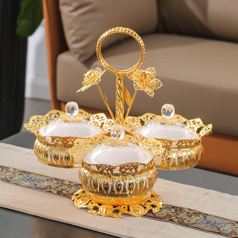 Gold Metal Plate, Dried Fruit Plate, Compartment with Lid, Dried Chinese Bowl