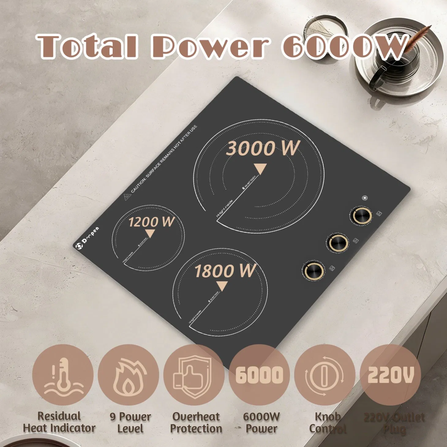 Electric Cooktop 24 Inch - 3 Burner Bulit-in Electric Ceramic Cooktop, Radiant Ceramic Stovetop with 9 Heating Level, 6000W 220-240V