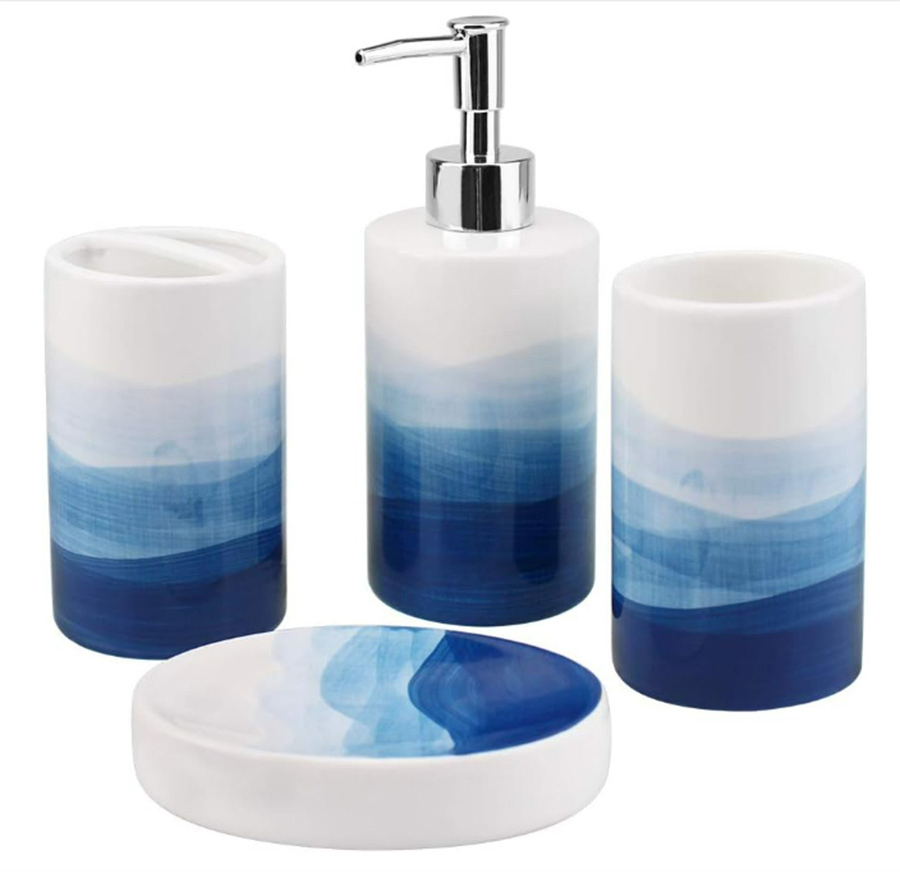 4 Piece Painted Ceramic Dispenser Soap Dish Sanitary Bathroom Accessory Set