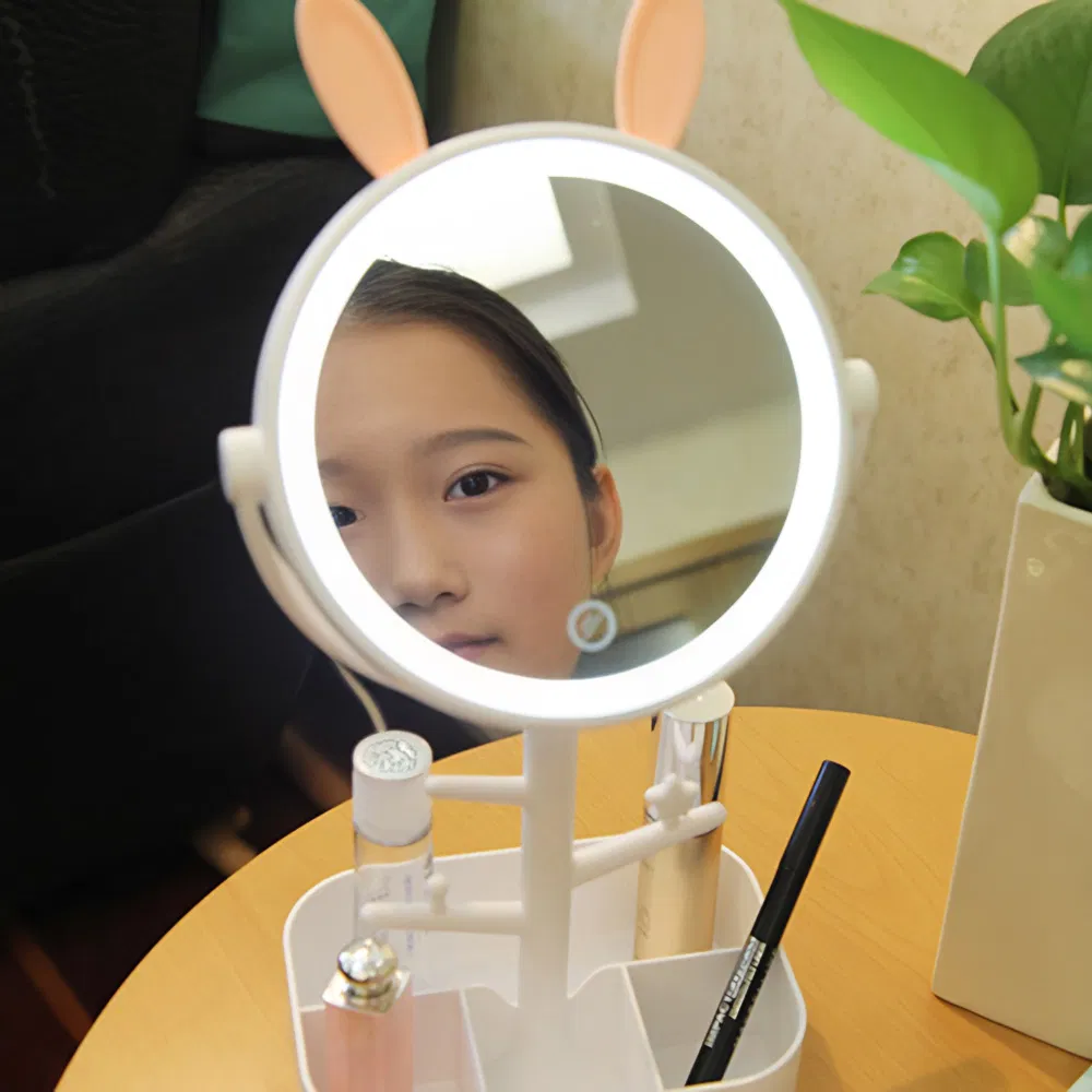Rabbit Desktop Makeup Glass Mirror Custom LED Light Cosmetic Smart Touch Compact Table Mirror