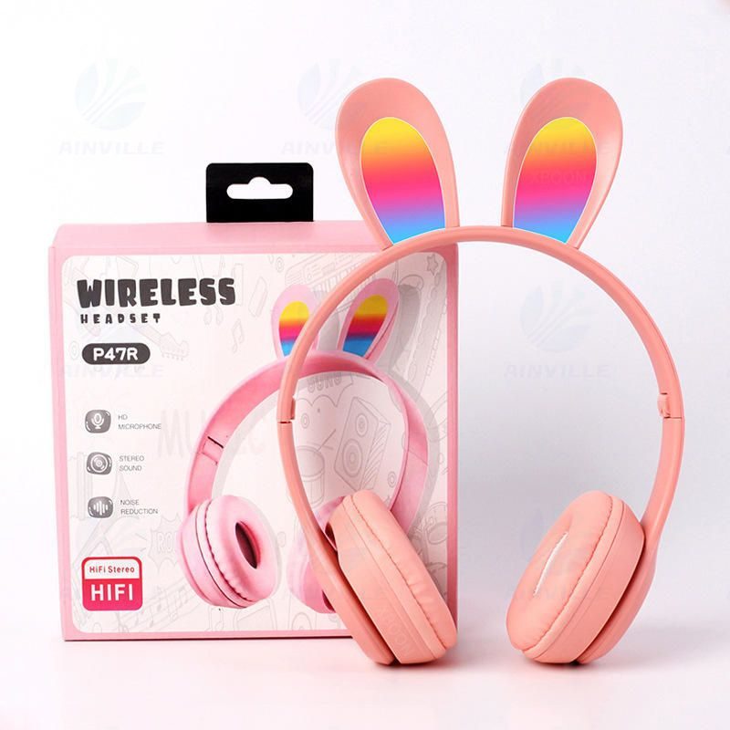 Factory P47r Headsets Children's Rabbit Ear Headphones Wireless LED Lights Girls Music Headphones Kids Headphone