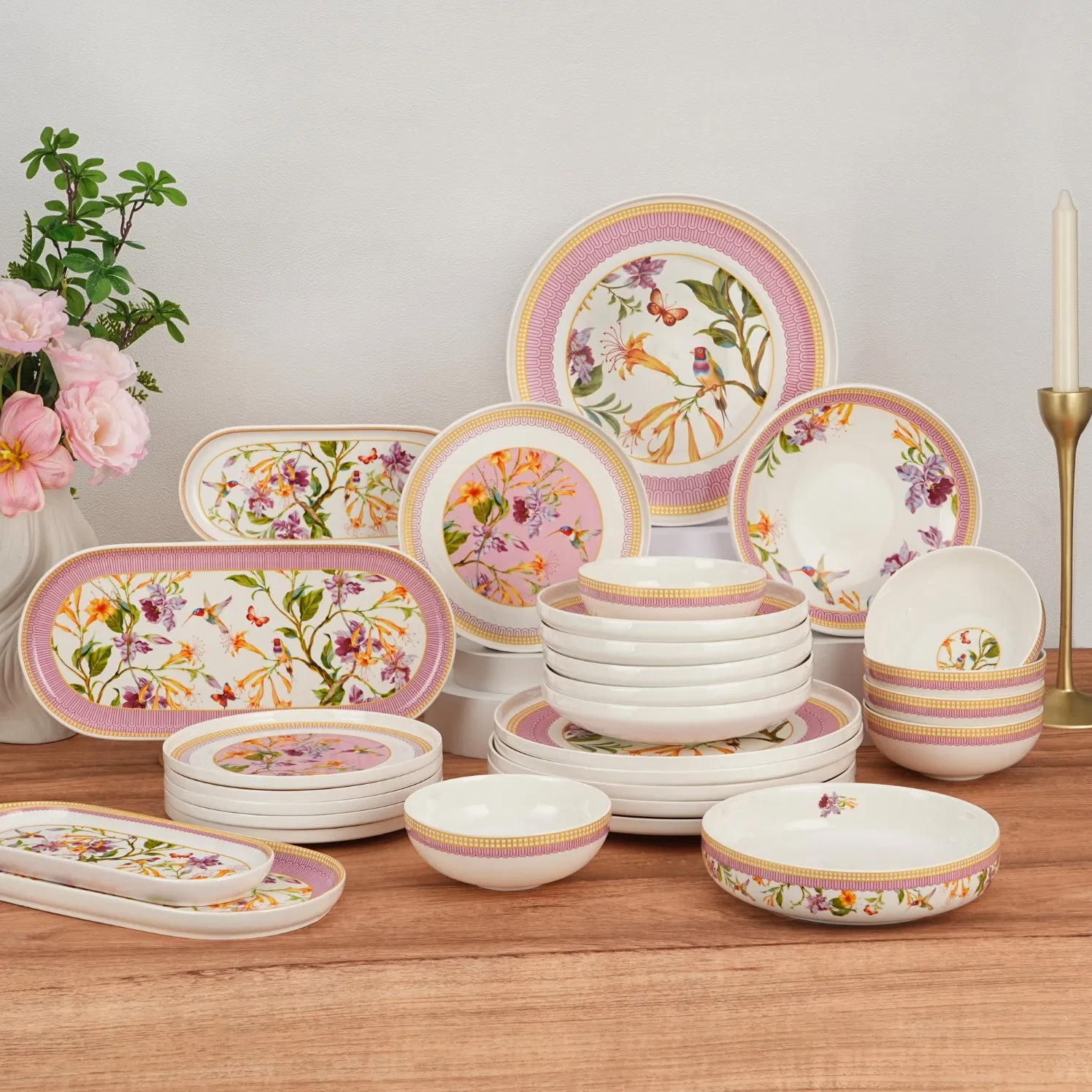 29 PCS Customized Floral Printed Personalized Logo Plates Ceramic Dinnerware