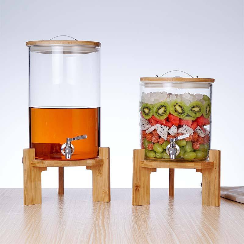 Large Glass Beverage Dispenser Big Jar with Tap and Wooden Support