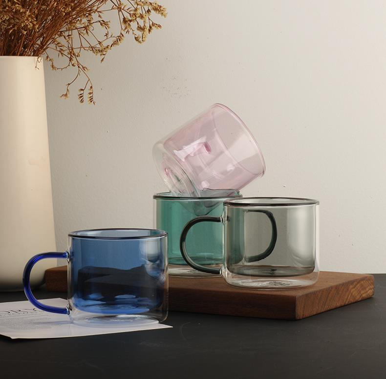 Factory Double Wall Glass Color Cups with Glass Handle