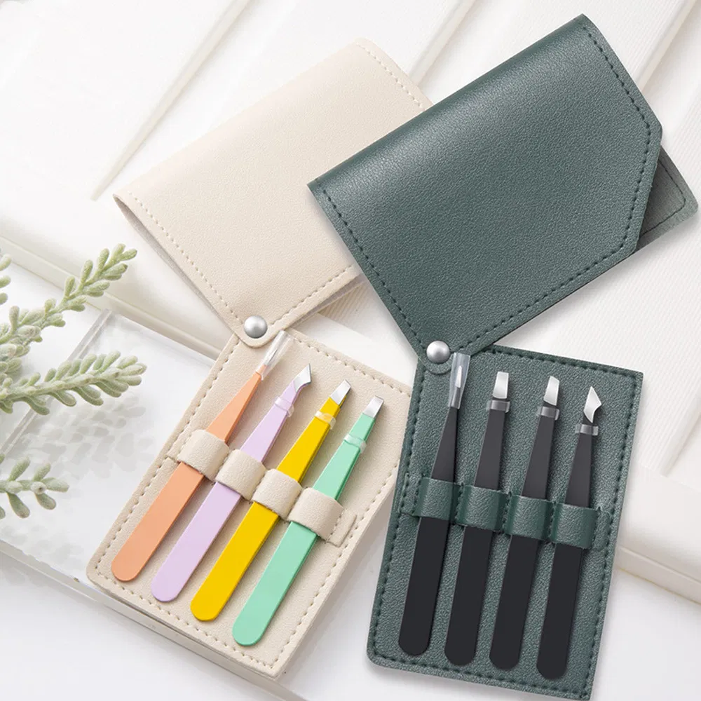 4PCS Manicure Makeup Tool Kits Beauty Tweezer Facial Eyelash Clip Set Eyebrow Tweezers with Leather Case