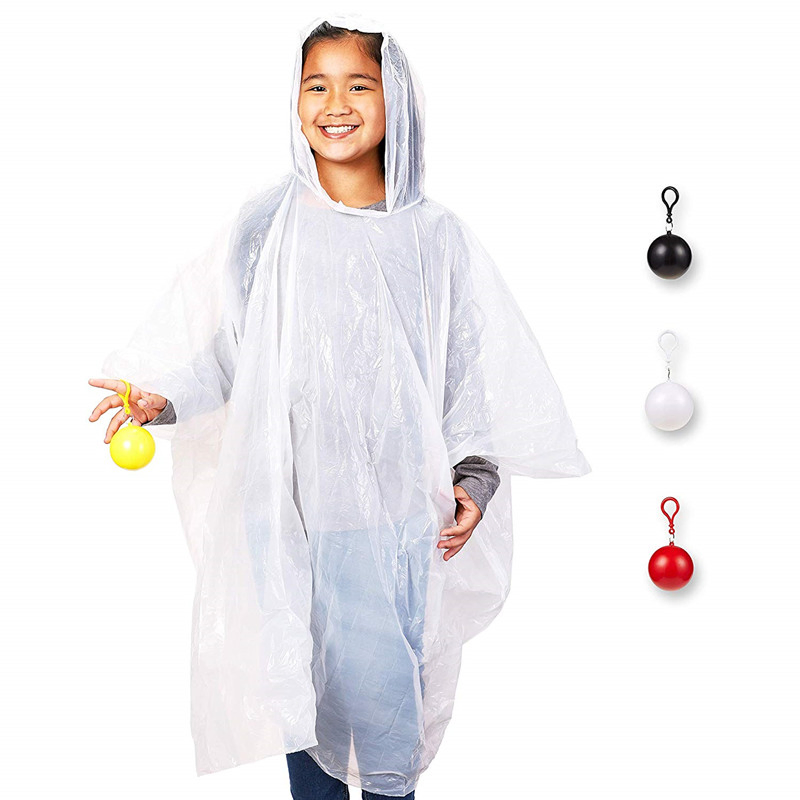 Disposable Rain Ponchos with Ball, Child Emergency Waterproof Raincoat with Hood for Boys and Girls, White