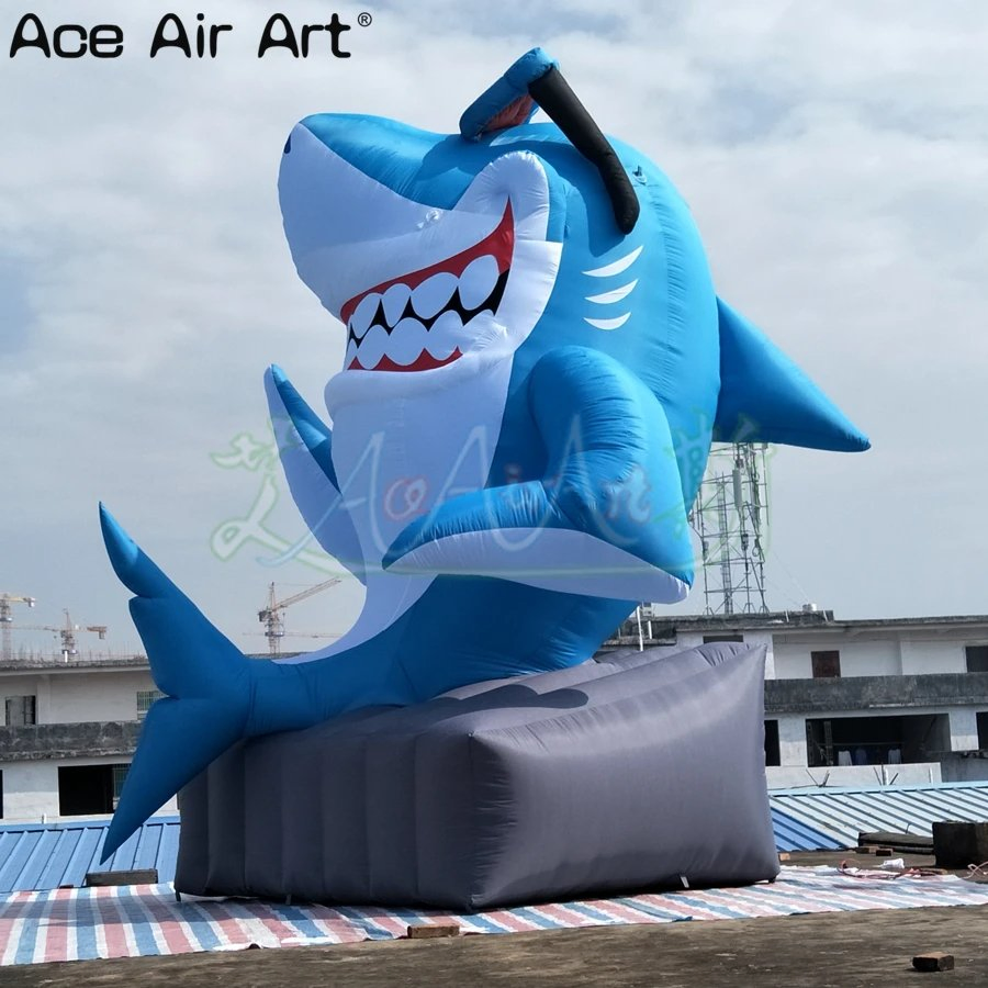 5m Giant Inflatable Shark Animal Sitting The Stone Inflatable Cartoon Animal for Advertising or Decoration