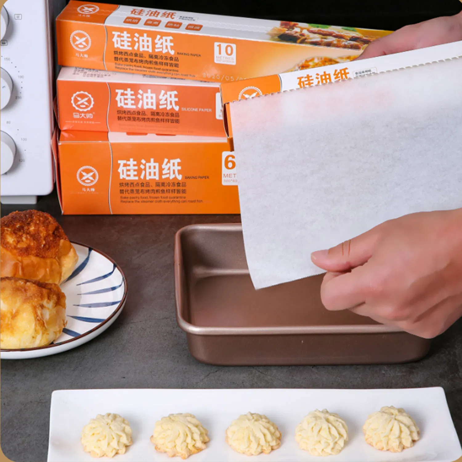 Custom Heat Resistant Non Stick Grease Proof Kitchen Oven Cake Reusable Silicon Coated Disposable Parchment Bake Paper