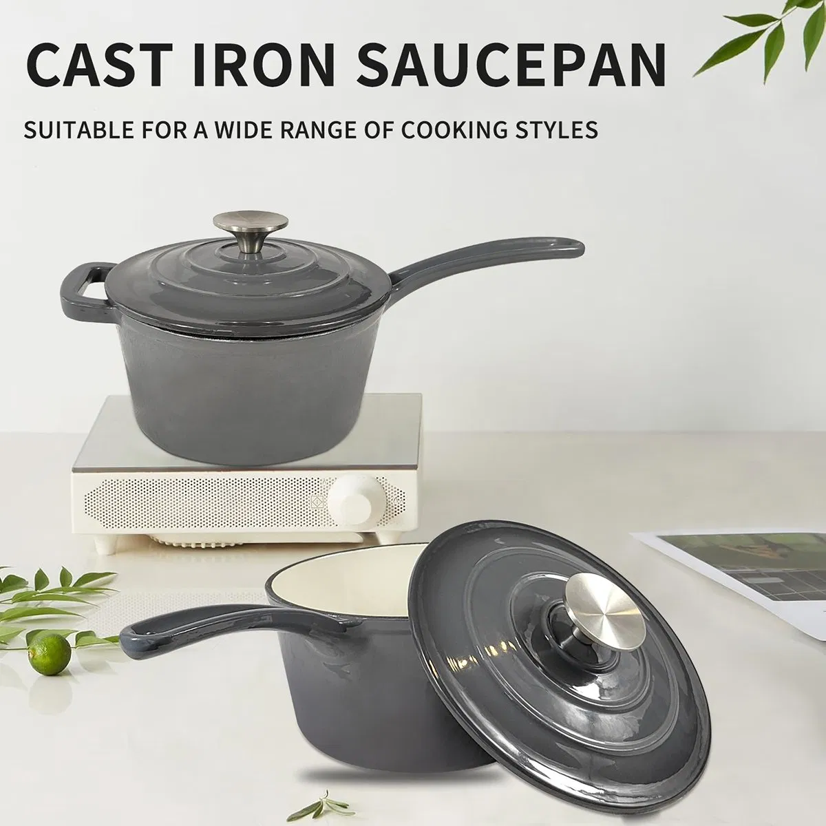 19cm Cast Iron Nonstick Saucepan Kitchen Milk Boiling Pot Enamel Sauce Pan with Lid