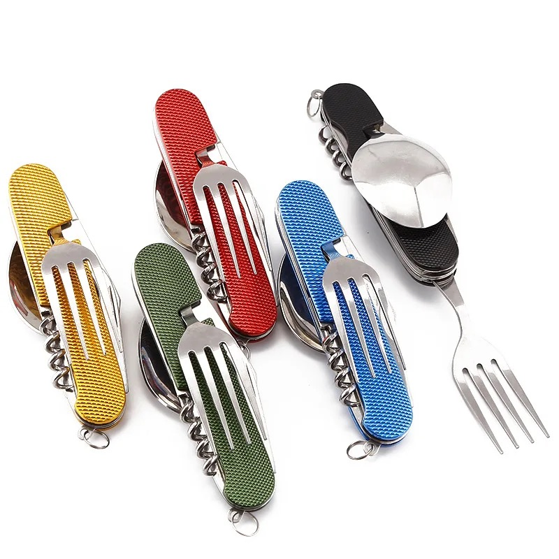Multi-Function Stainless Steel Key Chain Outdoor Pocket Knives Forks Spoons for Hiking Climbing Tours