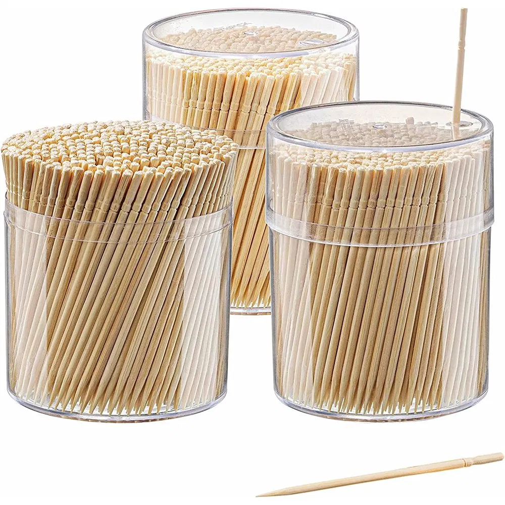 Bamboo Wooden Toothpicks Wood Round Single-Point Tooth Picks Reusable Toothpick Container Light Wood Sturdy Smooth Finish Bamboo Tooth Picks for Party