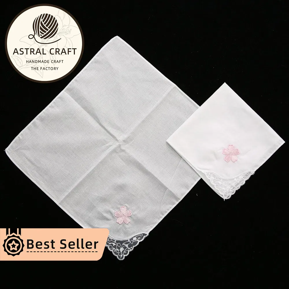 Custom 28cm Embroidered Cotton Handkerchief Cartoon White Dinner Lace Linen Napkins