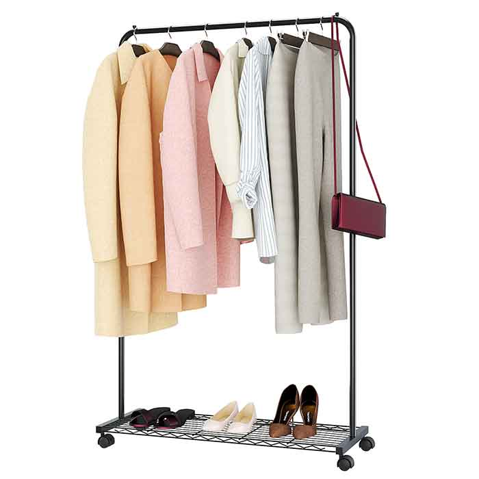 New Design Single Hanger Rod Clothes Rack Portable Garment Rack with Bottom Shelves