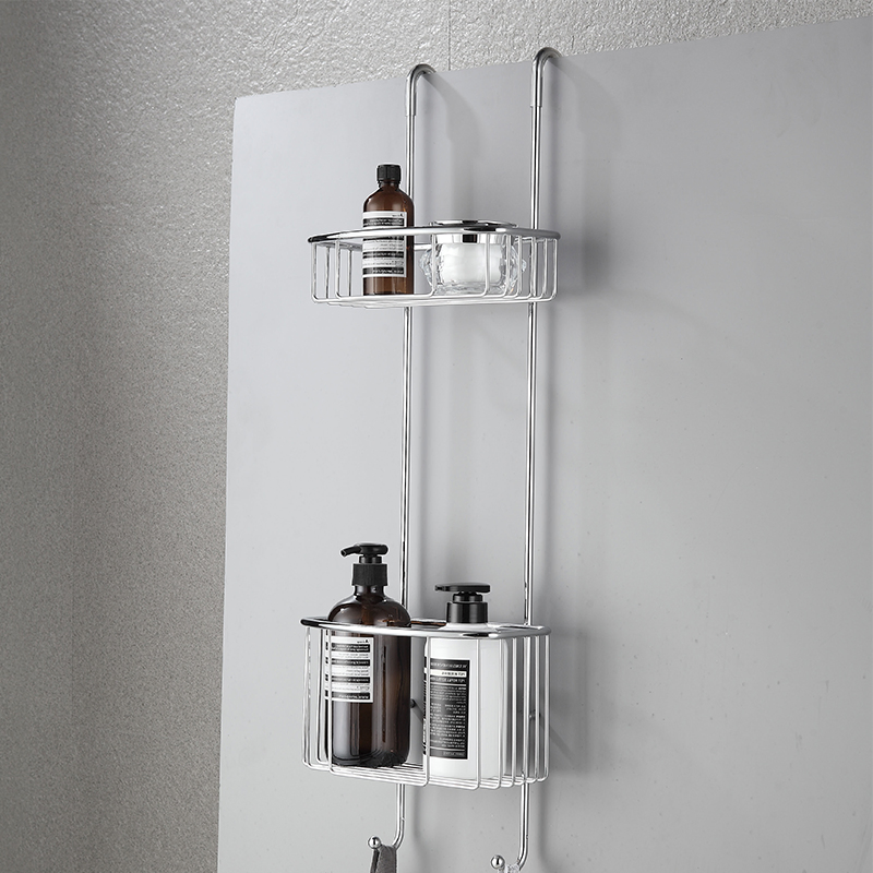 Stainless Steel Shower Room Hanging Basket 2 Tier Bathroom Shelves with Hooks