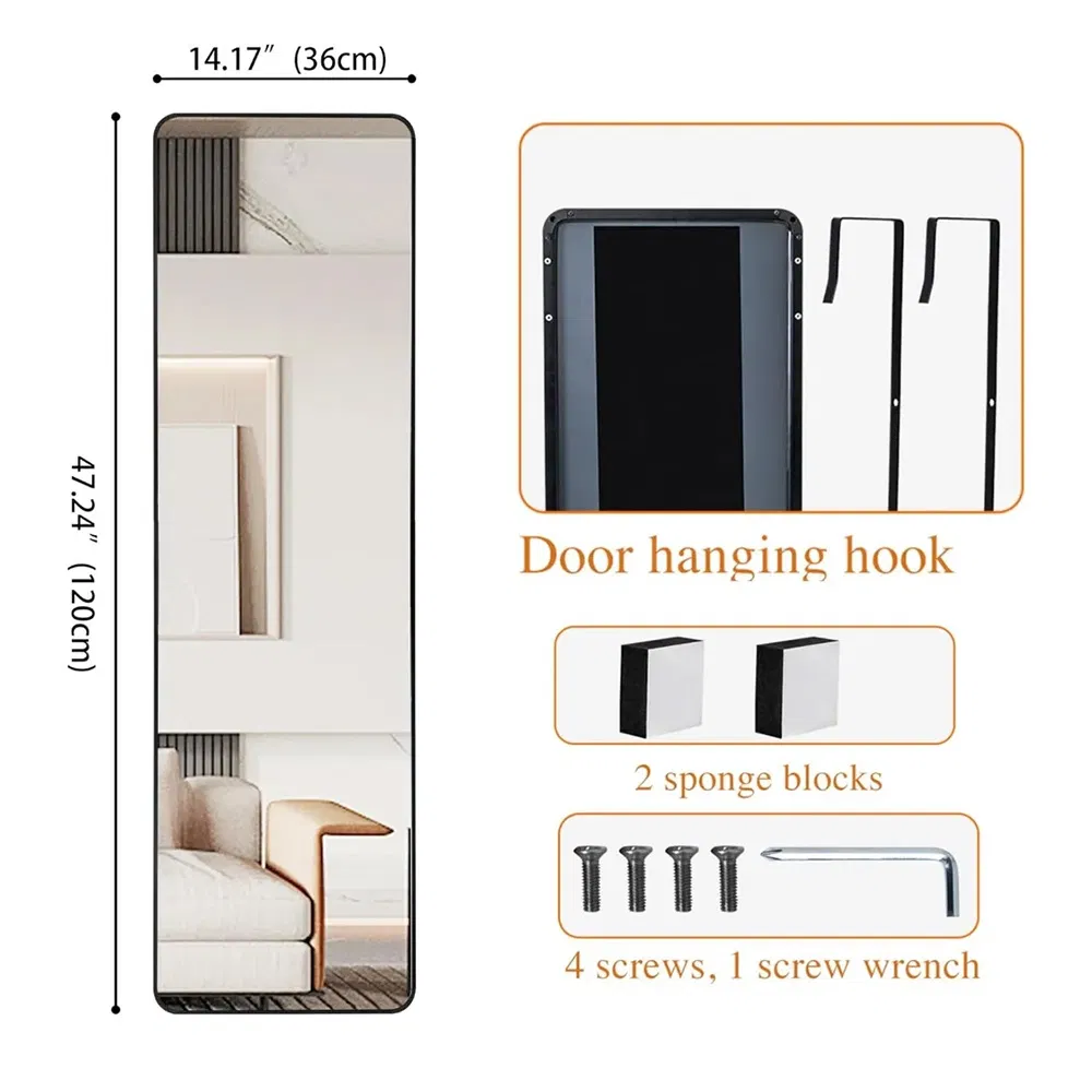 Door Mirror Full Length, Over The Door Mirror, 48"X14" Full Length Mirror, Door Mirror, Mirror Full Length Door Hanging (Black)
