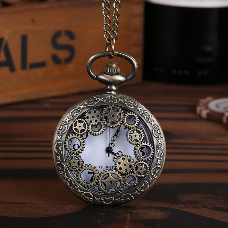 Pendant Chain Quartz Bronze Watch Case 47mm Gear Hollow Pocket Watch
