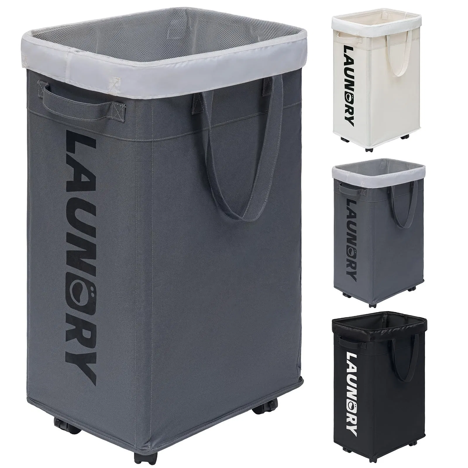 Grey Laundry Hamper Collapsible Rolling Basket with Removable Wash Bag and Wheels