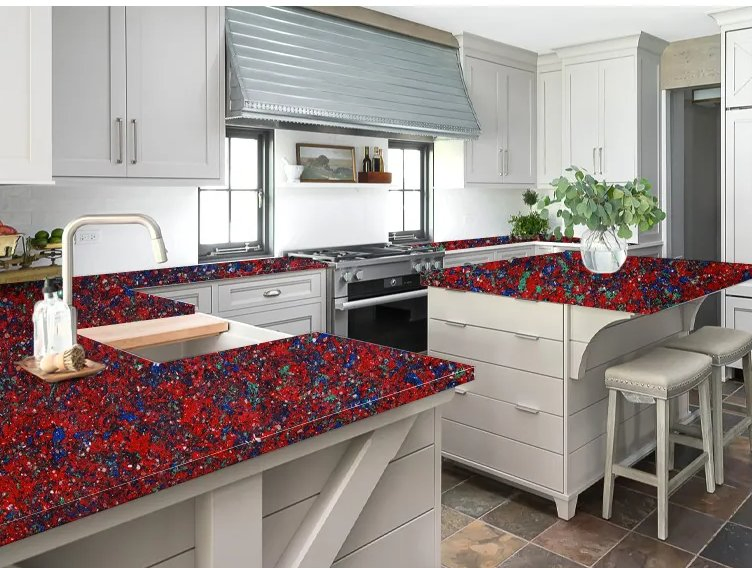 China Building Material 20mm 30mm Red Artificial Crystal Stones Quartz Stone Slab Kitchen Countertop
