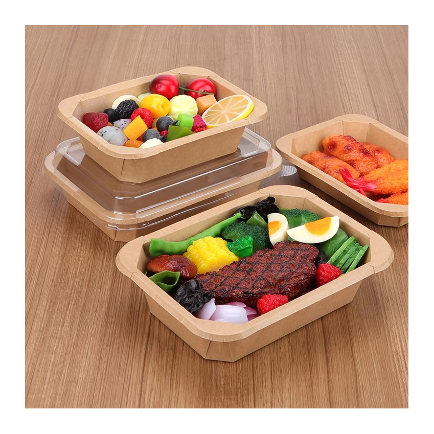 Disposable Oil Resistant Rectangle Octagon Bar Restaurant Food Display Kraft Containers with Transparent Lid Square Rice Fruit Salad Takeaway Paper Bowl
