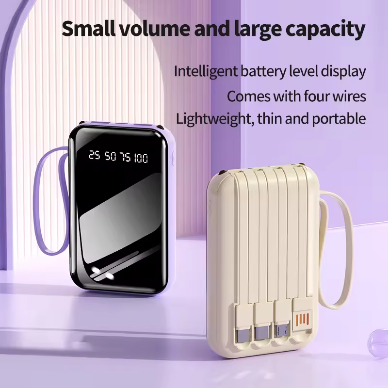 Ultra Slim 10000mAh Portable Power Bank with Built-in Cable