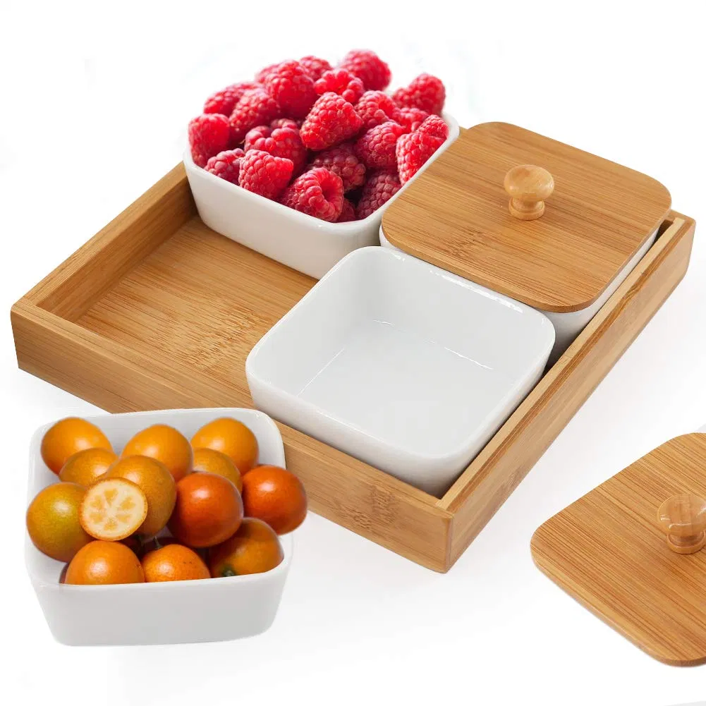 Ceramic Snacks DIP Bowls Relish Tray for Entertaining Ceramic Divided Serving Dishes with Lids Bamboo Porcelain Divided Platter
