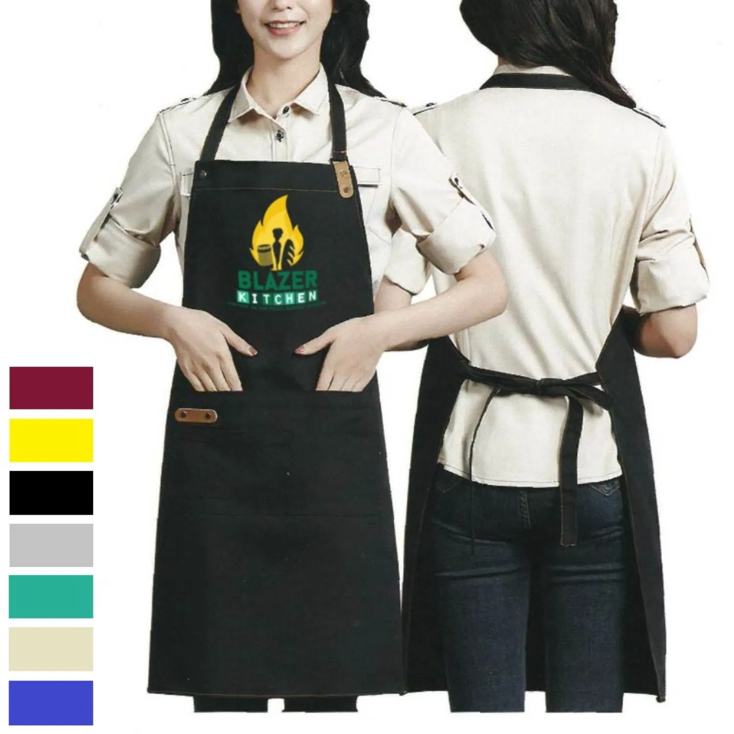 Apron for Chef Kitchen Use Custom Logo Printed Canvas Cotton Apron for Restaurant Milk Tea Cafe Waiter