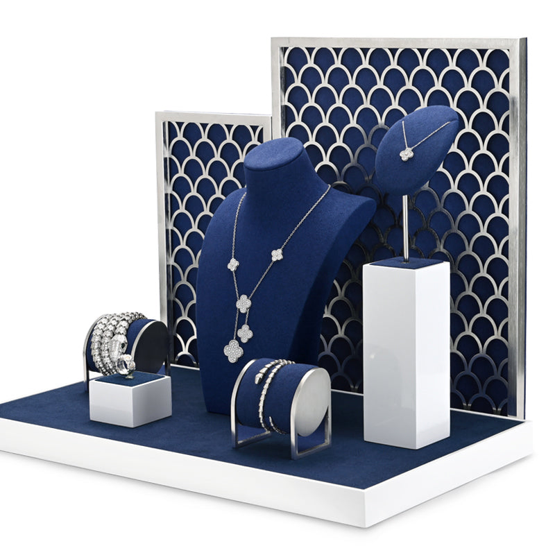 Metal Microfiber Blue Jewelry Showcase Display Set Ndis-116