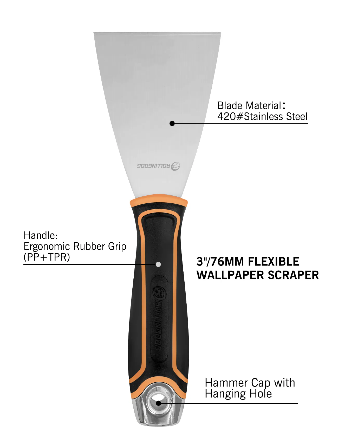 Rollingdog 3'' Putty Knife Flexible Stainless Steel Ergonomic Rubber Handle & Hammer Cap