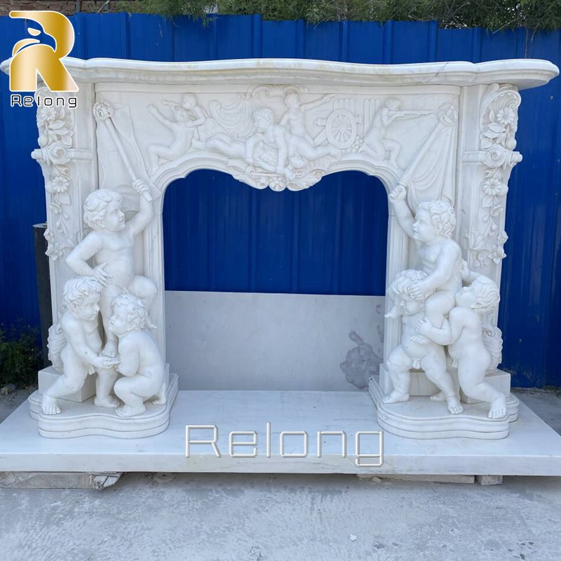 Exquisite Hand Carved White Marble Fireplace Surround with Three Baby Sculpture for Home Indoor Decor