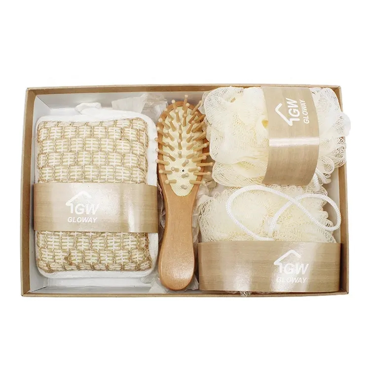 Customized Baby Bath Set Gift Baby Shower Gift Set Newborn Including Loofah Pouf Sponge Foam Sponge and Wood Hair Brush