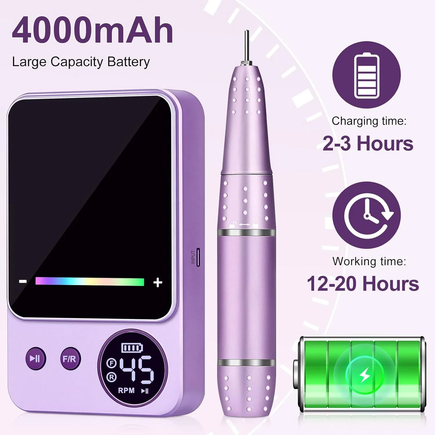 Professional 45000rpm Nail Drill 4000mAh High Capacity Rechargeable Electric Nail File