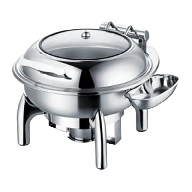 Stainless Steel Electrolytic Luxury Roll Top Glass Lid Round Chafing Dish for Sale with Fuel Holder