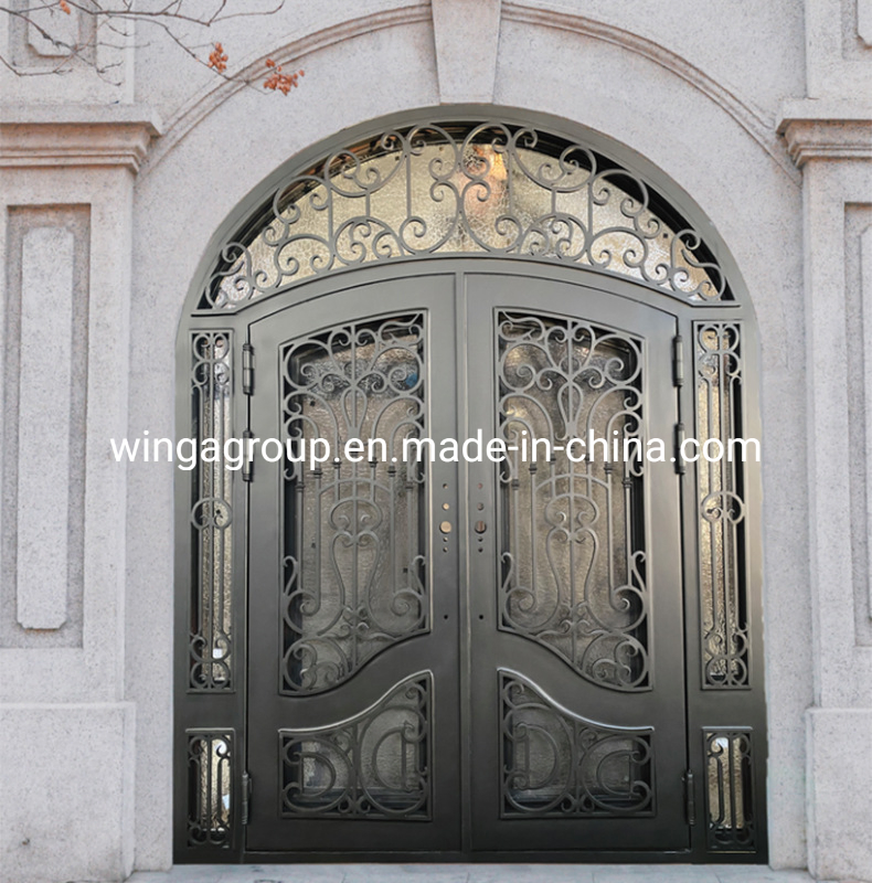 Arc Shaped Exterior Front Entry Double Security Steel Metal Wrought Iron Glass Gate Door