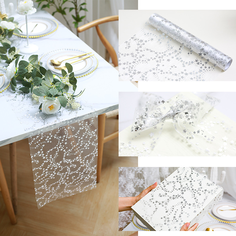 China Party Supplier Metallic Printed Stars Gold Color Rectangular Polyester Table Runner Tablecloth for Christmas Home and Party Decoration