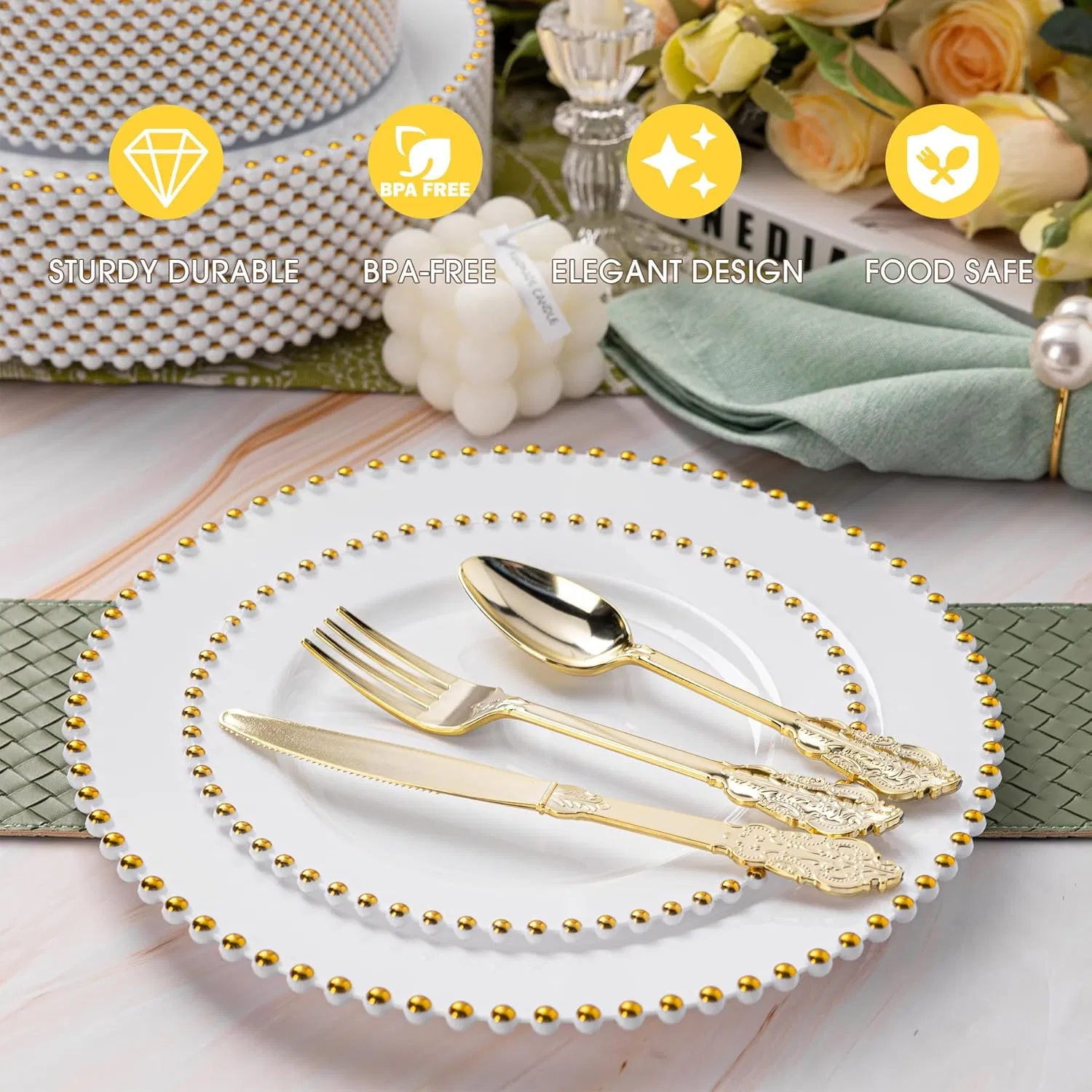 Premium Plastic Dinnerware Set with Gold and White Beaded Design