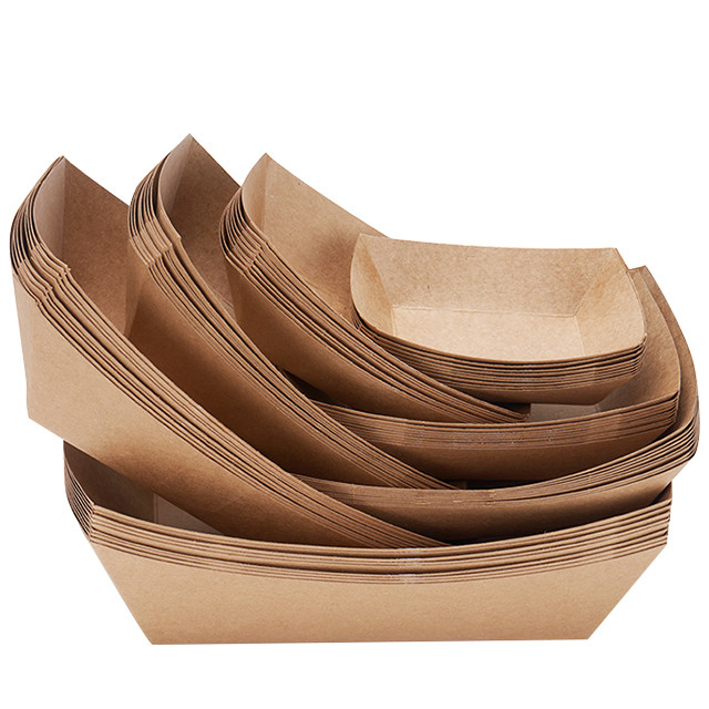 Disposable Kraft Paper Food Trays, Small Recyclable Eco Take-out Boat Tray