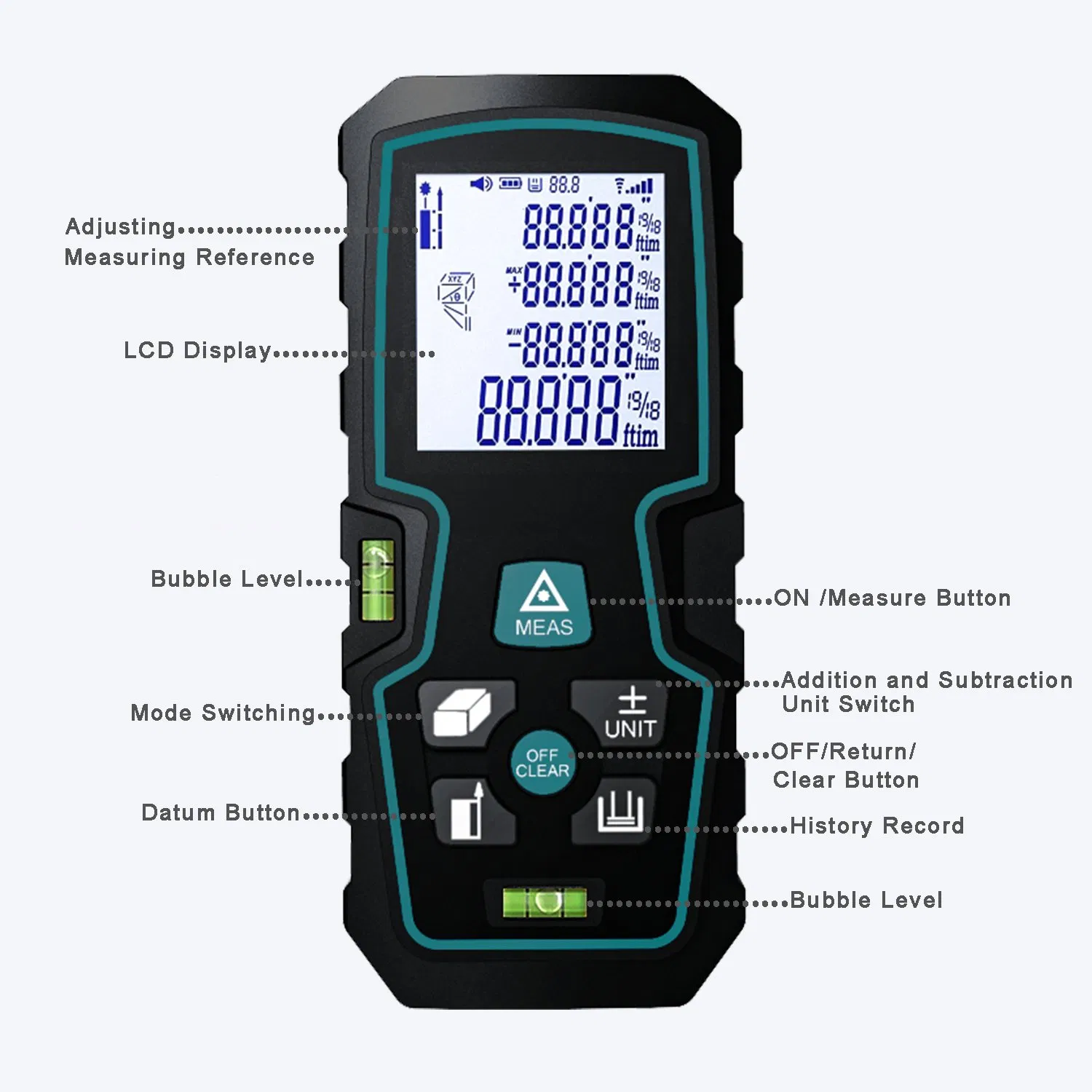 Portable Handheld Digital Measure Tool 2 Bubble Levels Laser Distance Meter with LCD Display