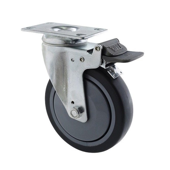 Low Noise Steel and Nylon PA6 Swivel Single Wheel Caster, High Load-Bearing Capacity Cycl Trundle with Total Brake and Round Stem