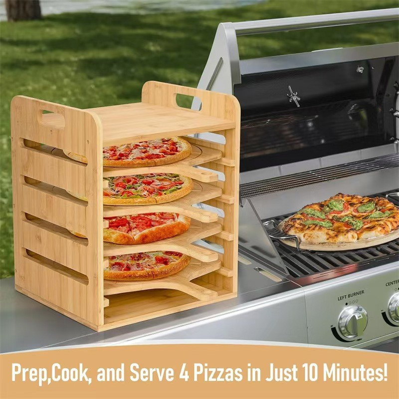 Multi Layer Bamboo Pizza and Bread Serving Rack with Handle Kitchen Display
