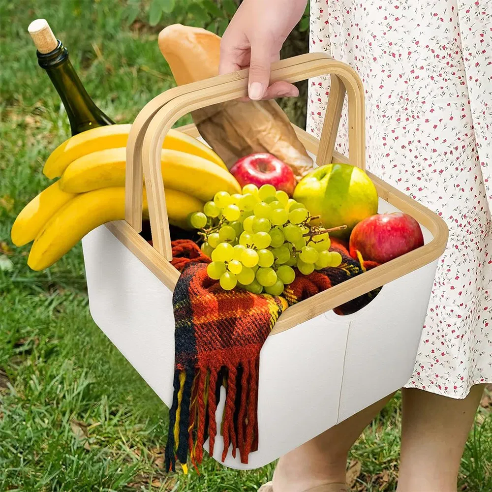 Portable Collapsible Fabric Storage Baskets for Wardrobe Closet with Bamboo Handles