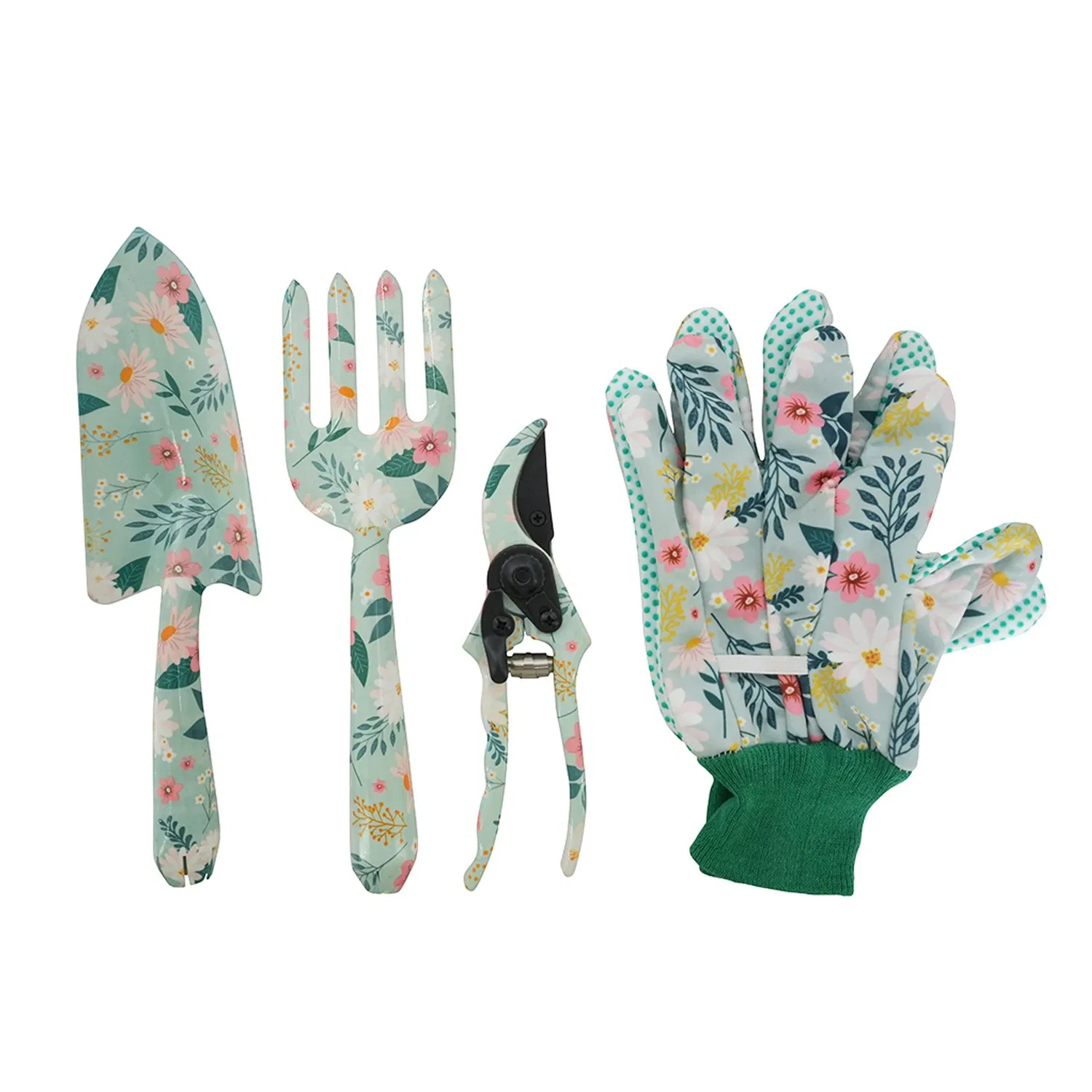 Multi-Functional 4PCS Garden Printing Hand Tools Set Rustproof Garden Shovel/Fork/Rose Scissors/Gloves for Household