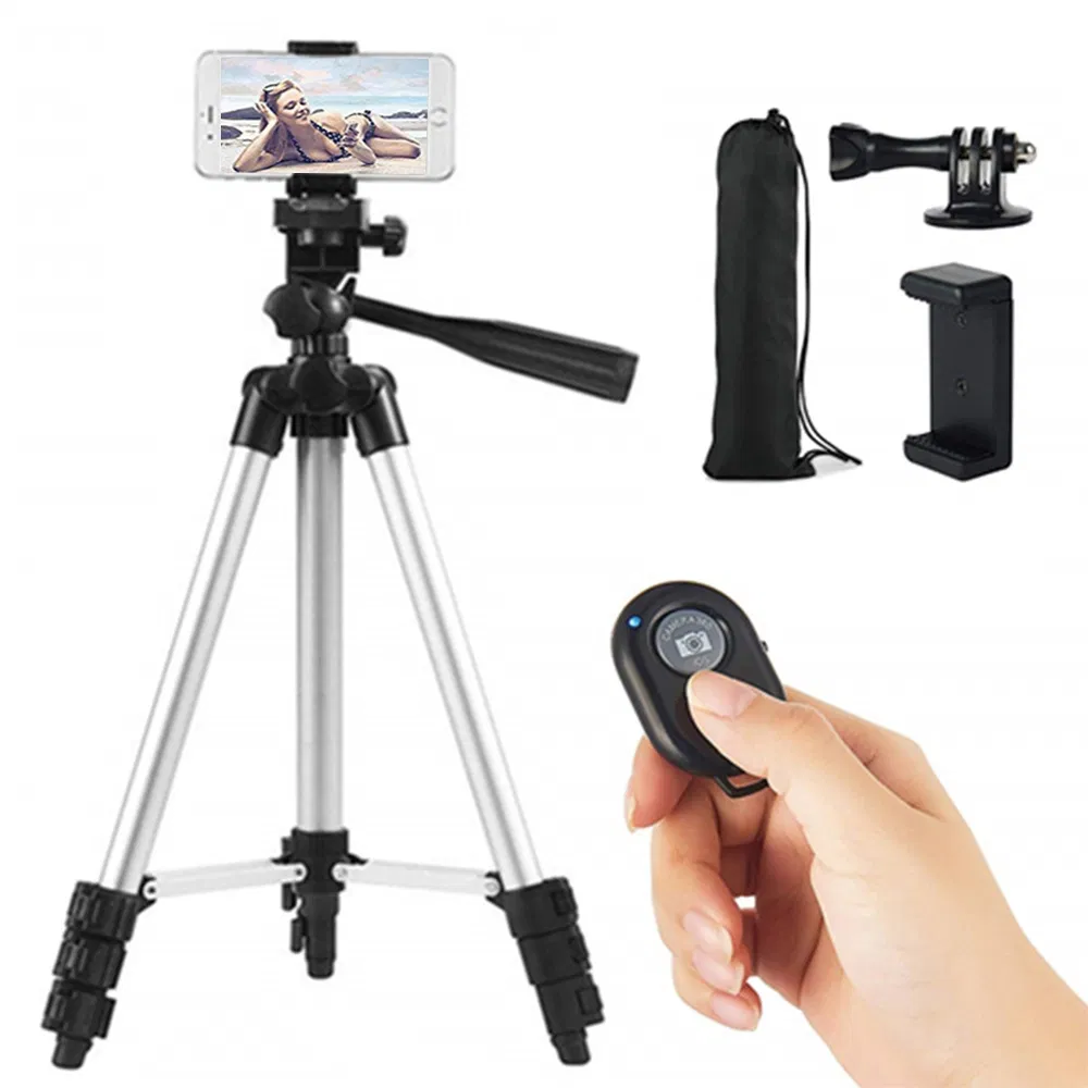 3110 Portable Aluminium Tripod 360-Degreed Horizontal Extendable Bracket Camera Phone Holder with Bluetooth Remote Control - Silver
