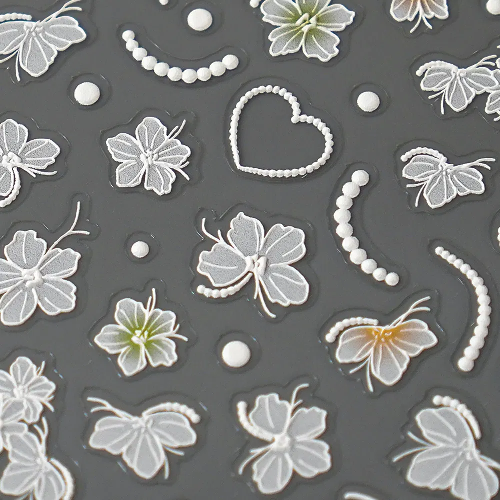 White Cartoon 5D Butterfly with Flowers Grass Custom 3D Manicure Nail Art Sticker Self-Adhesive Decals