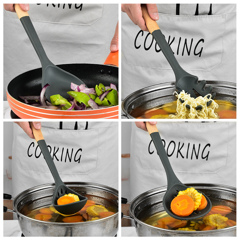 7-Pieces Heat Resistant Silicone Kitchen Utensils with Wooden Handle for Cooking