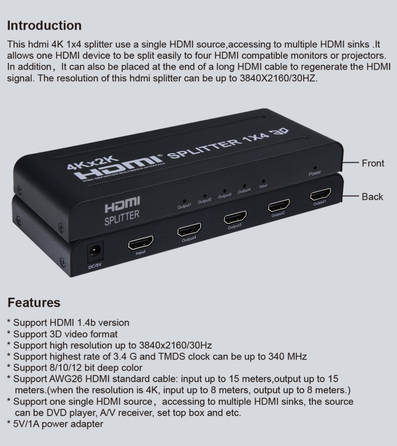4K 30Hz HDMI Splitter 1 in 4 out, 1X4 1 Computer 4 Monitor + Power Adapter 1 in 4 out HDMI Splitter