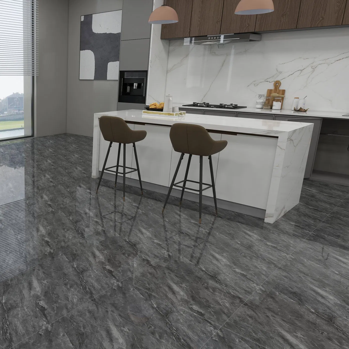 Dark Grey Glossy Surface Marble Tile Best Selling for Retail and Wholesale Foshan Factory