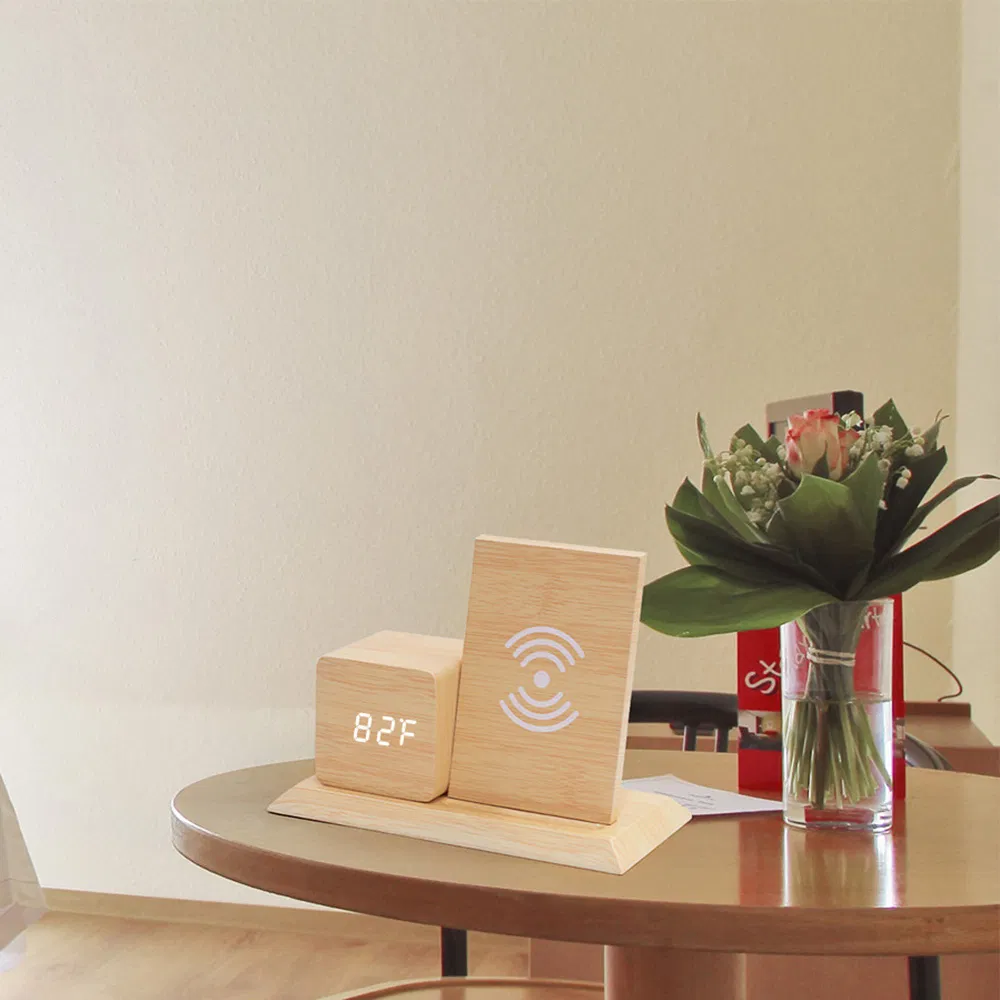 Smart Phone Wireless Charger Wood Desktop Decoration LED Alarm Clock