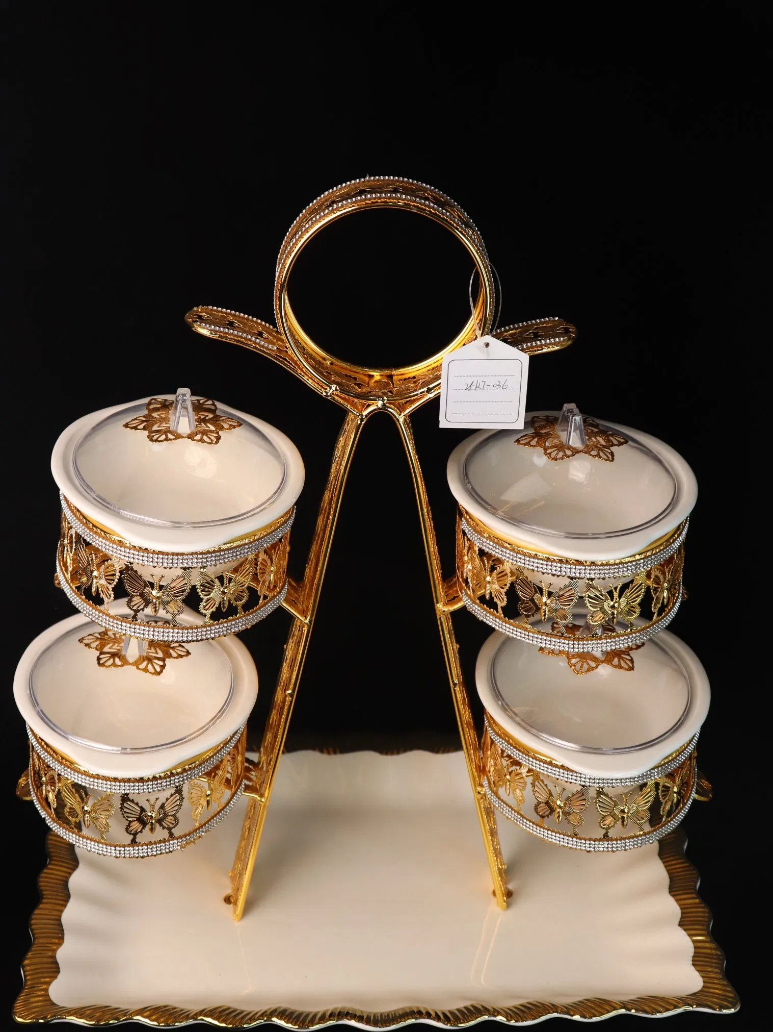 Home Ornament Gold-Plated Iron Frame with Large Size Round Four-Panel Ceramic Bowl