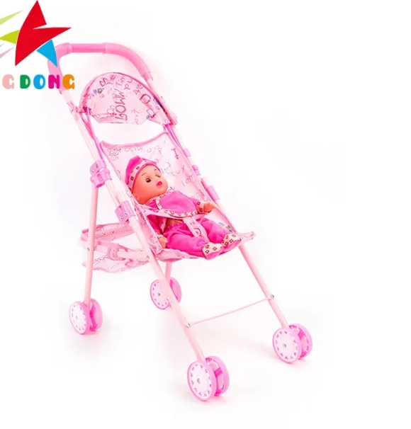 Hot Selling Girl Pretend Play Mini Pink Trolley Iron Frame Dolls Cart Toy Set Doll with Stroller