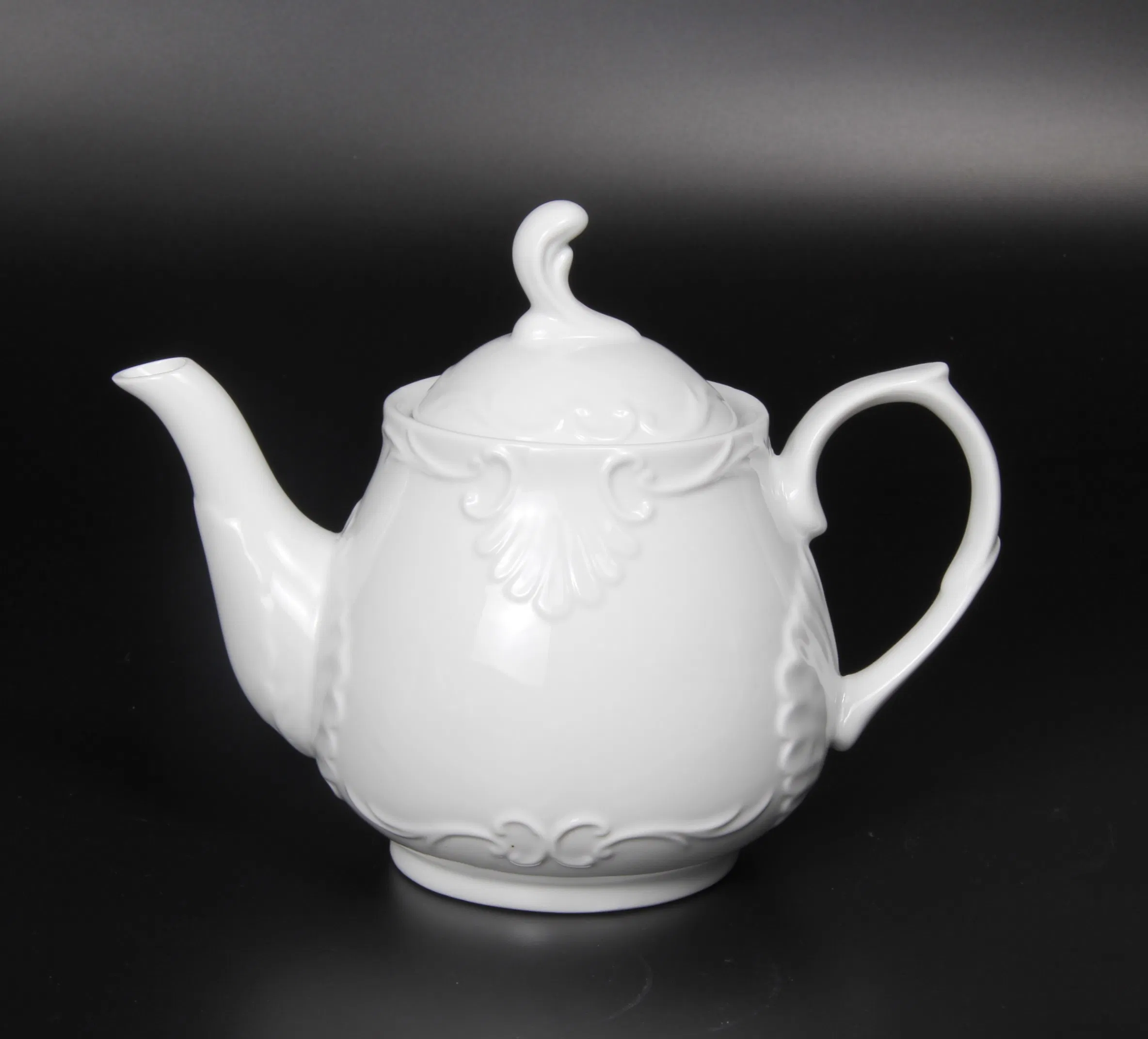 Porcelain Embossed Royal Family Tea Set with 1200 Ml Teapot, 220 Ml Tea Cup and Saucer and Sugar Pot Milk Jug